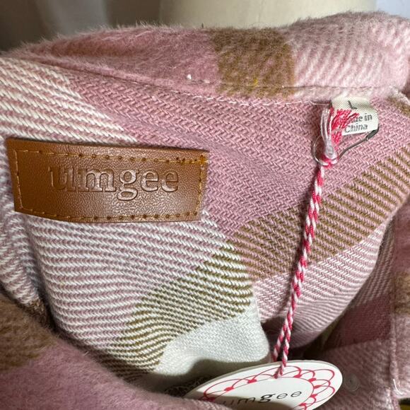 Umgee Fringe Plaid Shacket L Pink Oversized Button Front Western Boho NWT Gift - Picture 5 of 8